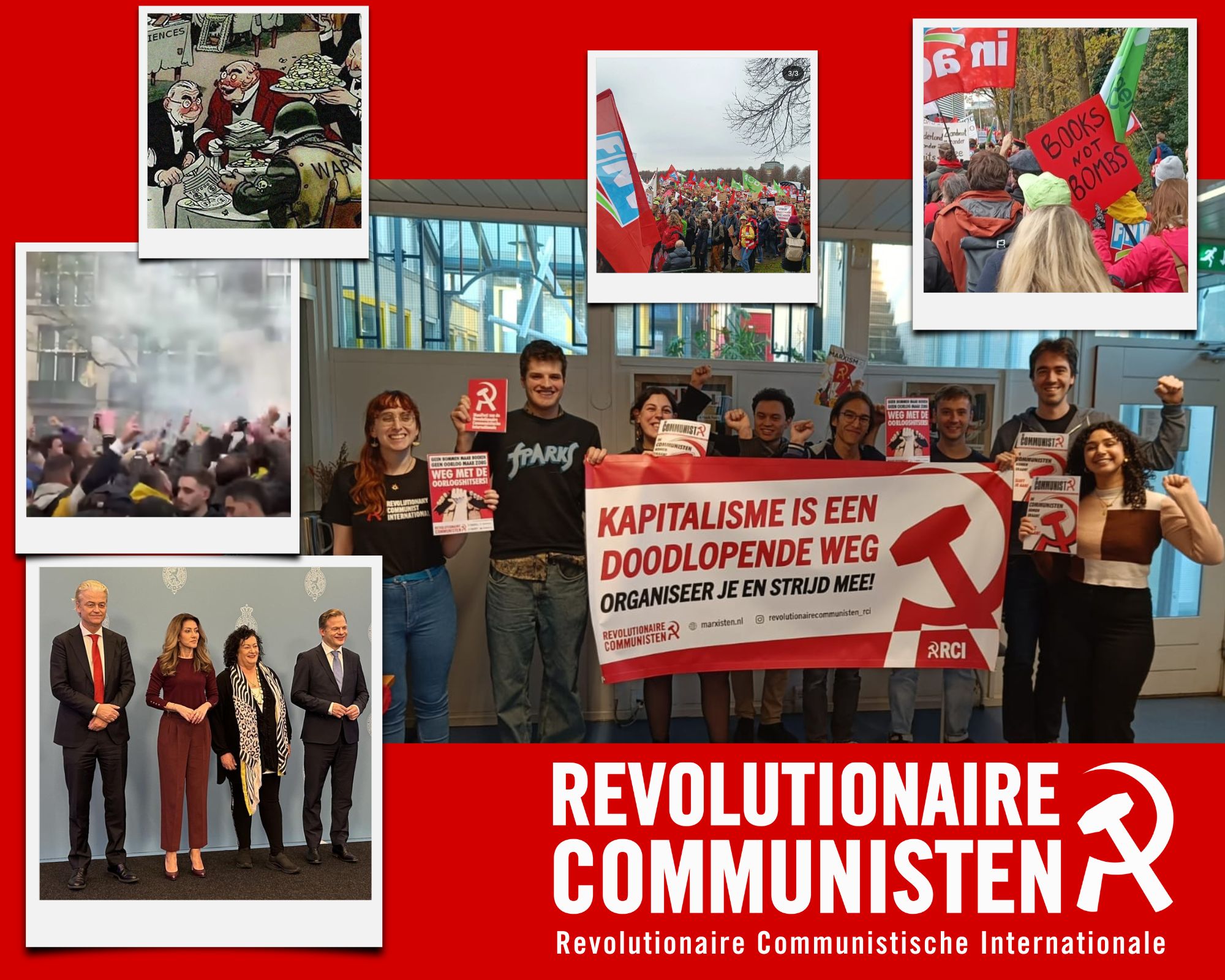 een compilatie van verschillende foto's uit 2024, met o.a. het kabinet, een cartoon tegen militarisme en centraal een foto van deelnemers aan het Congres van 2024
