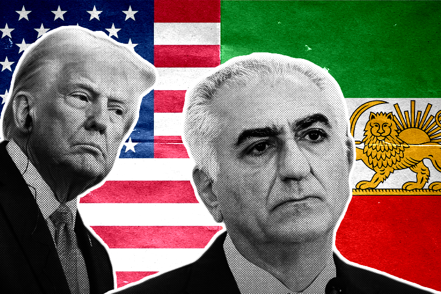 Trump en Reza Pahlavi, tegen een achtergrond van Amerikaanse en monarchistische Iraanse vlaggen