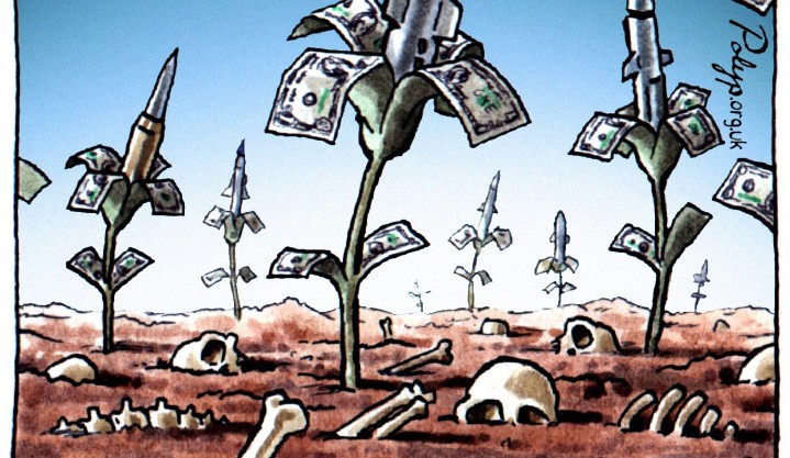 cartoon van planten met bankbiljetten als blaadjes, waar raketten uitgroeien, in een dor landschap met skeletten