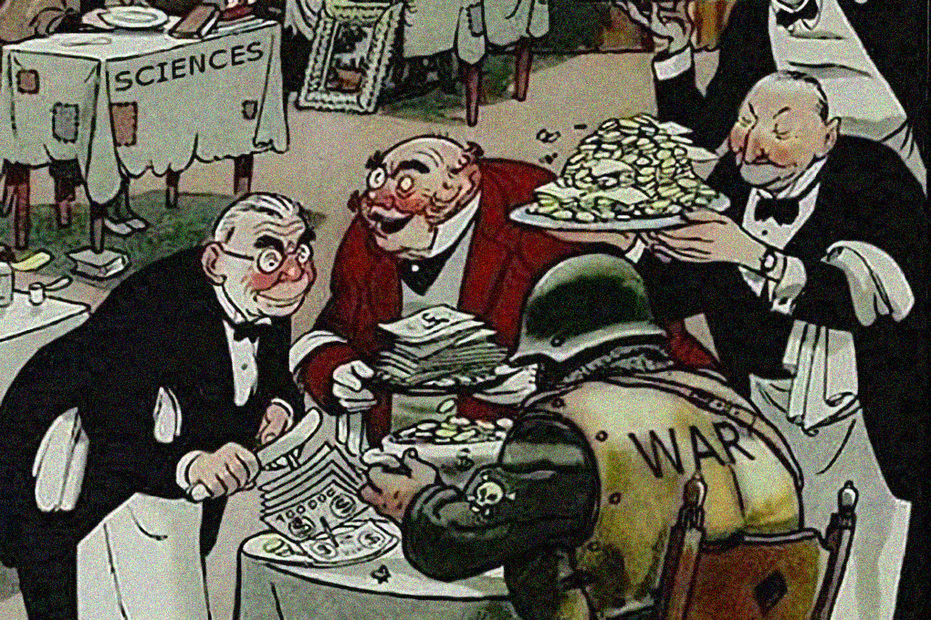 cartoon: het leger krijgt geld geserveerd in een restaurant, terwijl andere sectoren niets krijgen