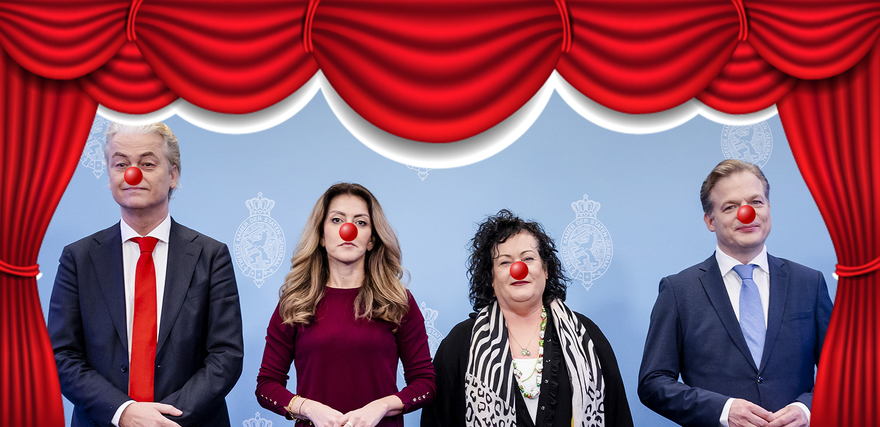 De 4 fractievoorzitters van de regeringspartijen met clownsneus 